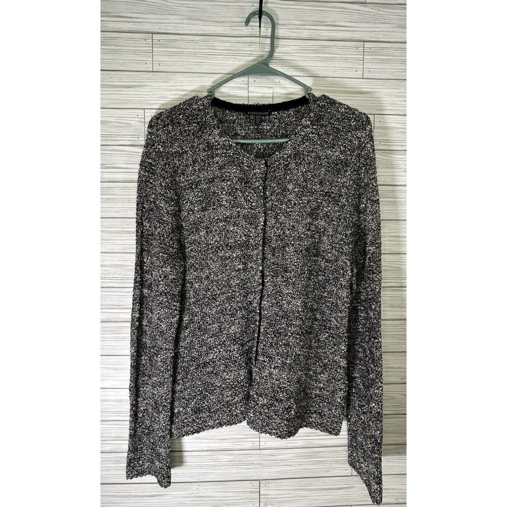 Eileen Fisher Black Speck Roundneck Organic Linen Cotton Grain Cardigan Size Med